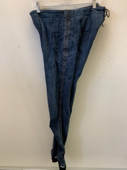 MTO, Navy Blue, Silver, Suede, SUIT of ARMOR: Pants:Navy with Silver Embroidered Stripes, Velcro Fly, Rubber Chain Mail Side Seam Hem, Elastic Stirrups, Lace Up Center Back Waist, Suspender Buttons, Crotch Gusset