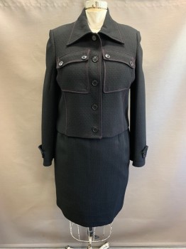 Womens, Suit, Jacket, ISABEL & NINA, Black, Polyester, Rayon, Textured Fabric, 16, Quilted, C.A., Single Breasted, Button Front, 3 Pockets, Hot Pink Stitching