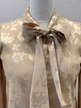 CALVIN KLEIN, Camel Brown, Champagne, Polyester, Floral, L/S, B.F., Tie Neck, Cover Buttons, Roche Sleeves