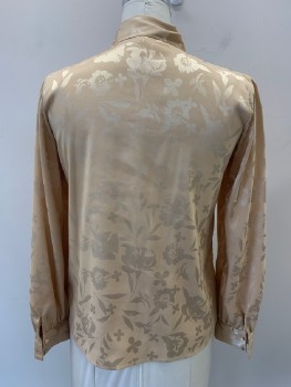 CALVIN KLEIN, Camel Brown, Champagne, Polyester, Floral, L/S, B.F., Tie Neck, Cover Buttons, Roche Sleeves