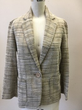 Womens, Blazer, MAX STUDIO, Lt Brown, White, Navy Blue, Polyester, Cotton, Tweed, Plaid-  Windowpane, XS, Single Breasted, C.A., Notched Lapel, 1 Bttn, 2 Pckts, L/S,