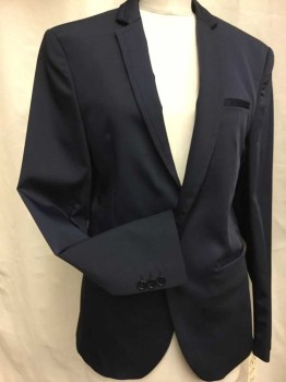 Mens, Suit, Jacket, ZARA MAN, Navy Blue, Polyester, Solid, 36S, Single Breasted, 2 Buttons,  3 Pockets, Somewhat Stiff Fabric with A Slight Shine, Stitched Edge Detail On Notched Lapel,