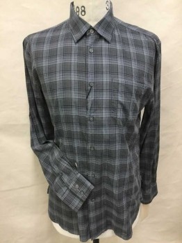JOHN VARVATOS, Slate Gray, Taupe, Black, Cotton, Plaid, Slate Gray, Taupe, Black Plaid, Collar Attached, Button Front, 1 Pocket, Long Sleeves, See Photo Attached,