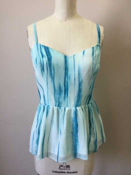 Guess, Aqua Blue, Turquoise Blue, Polyester, Abstract , Sheer Crepe Over Cream Lining, Sleeveless, Adjustable Straps, V-neck, Ruffle, Heavy Metal Zip Back, and Elastic Smocking