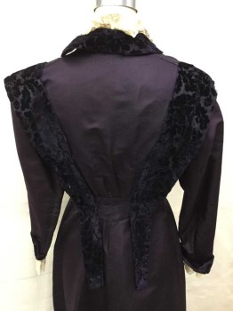 MTO, Aubergine Purple, Cream, Silk, Cotton, Solid, Floral, Made To Order, Silk Faille, Silk Velvet Burnout with Floral Pattern, Ivory Lace At Cuffs/Neck, Opens Center Front with Hooks and Eyes, Skirt Hem Is Cut Into Tabs with A Little Velvet Detail, Velvet Is Beginning To Shatter,
