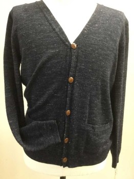Mens, Cardigan Sweater, J CREW, Navy Blue, White, Wool, Heathered, M, V-neck, 5 Buttons, 2 Pockets,