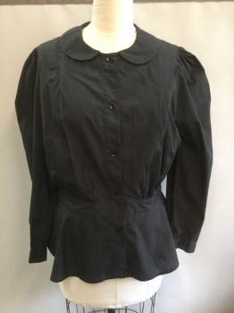 N/L, Black, Cotton, Solid, Long Sleeve Button Front, Peter Pan Collar, Two 1" Wide Pleats At Either Side Of Front, Puffy Sleeves Gathered At Shoulders, 2" Wide Self Waistband with Peplum Bottom, Made To Order,