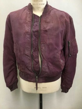 Mens, Casual Jacket, ALL SAINTS, Red Burgundy, Polyester, M, Aged And Dirty, Zip Front, Ribbed Collar, Cuffs + Waist, Zip Pockets On Sleeves
