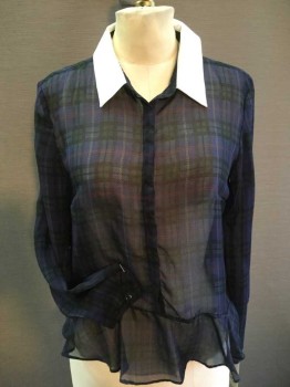 ZARA, Black, Blue, Green, Yellow, Red, Polyester, Plaid, BLOUSE:  Black,blue,green,yellow,red Plaid W/solid White Collar Attached, Hidden Button Front, Ruffle Hem, Long Sleeves, See Photo Attached,