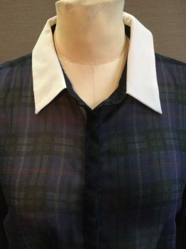 ZARA, Black, Blue, Green, Yellow, Red, Polyester, Plaid, BLOUSE:  Black,blue,green,yellow,red Plaid W/solid White Collar Attached, Hidden Button Front, Ruffle Hem, Long Sleeves, See Photo Attached,