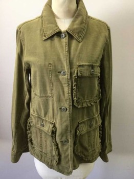 Womens, Casual Jacket, ANTHROPOLOGIE, Moss Green, Cotton, Solid, S, Streaked Texture, Button Front, Collar Attached, 3 Outside Pockets, Self Pleated Ruffle Trim on Pockets, Back Yoke, 1 Inside Pocket, No Lining