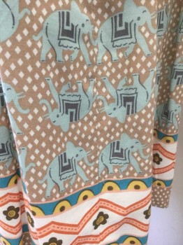 Womens, Skirt, Knee Length, COMME TOI, Beige, Aqua Blue, White, Gray, Rayon, Novelty Pattern, Diamonds, S, Novelty Beige with Aqua Elephant Pattern, with Gray Accents and White Diamond Pattern in Background, 1.25" Wide Self Waistband, Gathered Into Waistband, A-Line, White with Rust, Turquoise, Yellow, Peach Geometric Pattern 2" Wide Band Near Hem, Invisible Zipper at Side Seam, Knee Length