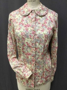 MTO, Lt Gray, Pink, Mauve Pink, Beige, Olive Green, Cotton, Lycra, Floral, (DOUBLE)  Light Gray W/pink, Mauve-pink, Beige, Olive Cluster Floral Print, Collar Attached, Light Pink Button Front, Long Sleeves