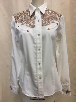 ROPER, White, Brown, Polyester, Rayon, Floral, White, Brown Floral Embroiderred Yolk and Cuffs, Button Front, Collar Attached, Long Sleeves,
