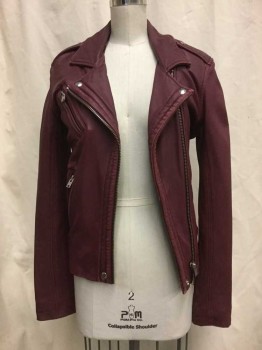 Womens, Leather Jacket, IRO, Red Burgundy, Leather, Solid, 40, Burgundy, Notched Lapel, Zip Front, Epaulets, 2 Zip Pockets