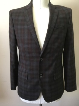 Mens, Sportcoat/Blazer, BEN SHERMAN, Gray, Red Burgundy, Black, Polyester, Viscose, Plaid, 40R, Single Breasted, Collar Attached, Notched Lapel, 3 Pockets, 2 Buttons