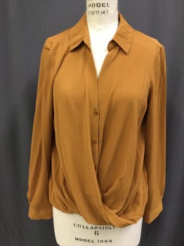 Womens, Top, ALL IN FAVOR, Gold, Polyester, Solid, M, Button Front, Collar Attached, Surplice, Long Sleeves, Pull Over