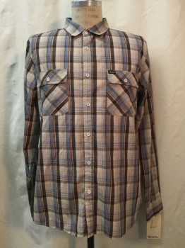 Mens, Casual Shirt, BRIXTON, Beige, Dk Brown, Peach Orange, Blue, Yellow, Cotton, Polyester, Plaid, L, Beige/ Dark Brown/ Peach/ Blue/ Yellow Plaid, Button Front, Collar Attached, Long Sleeves, 2 Pockets,