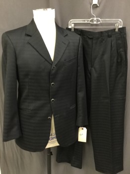 EXTREMA, Black, Wool, Solid, Stripes - Shadow, Single Breasted, Notched Lapel, 4 Buttons, 3 Pockets, Broken Self Stripe, Flashy, 1980's 1990's