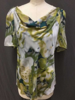 CLASSIQUES ENTIER, Teal Green, Yellow, Gray, Black, Lt Brown, Silk, Abstract , Floral, Cowl Neck, Raglan Short Sleeves,
