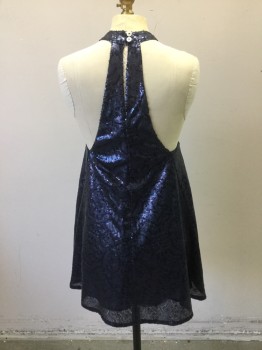 Womens, Cocktail Dress, SIENNA, Navy Blue, Synthetic, Sequins, Novelty Pattern, S, B34, Tiny Navy Patterned Sequin. Flared Shift Dress, Halter Neck
