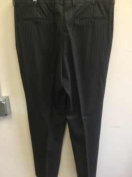 Mens, Suit, Pants, HICKEY FREEMAN, Charcoal Gray, Lt Gray, Wool, Stripes - Static , 39/32, Pleated Front, Slit Pockets, Zip Fly