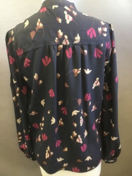 JOIE, Black, Fuchsia Pink, Beige, Brown, Silk, Polyester, Floral, Band Neck, Button Front, Long Sleeves, Top Stitch Detail at Yolk