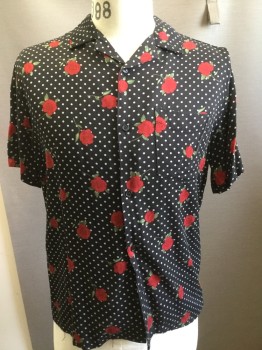 FOREVER 21, Black, Red, White, Rayon, Floral, Polka Dots, Collar Attached, Short Sleeves, Button Front,
