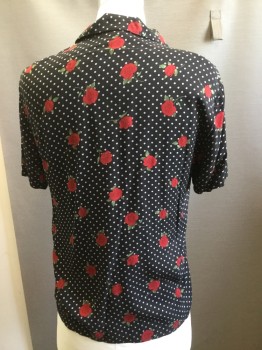 FOREVER 21, Black, Red, White, Rayon, Floral, Polka Dots, Collar Attached, Short Sleeves, Button Front,