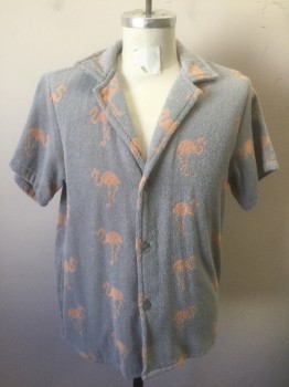 OAS, Gray, Peach Orange, Cotton, Novelty Pattern, Terrycloth Swim/Lounge Shirt, Gray with Peach Flamingos Pattern, Short Sleeve Button Front, Notch Collar
