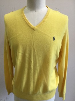 Mens, Pullover Sweater, POLO, Yellow, Wool, Solid, M, V-neck, Navy Polo Logo