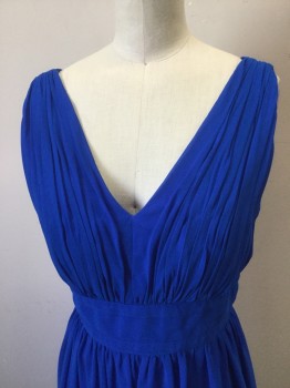 Womens, Cocktail Dress, DONNA MORGAN, Blue, Polyester, Acetate, Solid, 4, Sheer Poly Crepe Over Blue Base. V. Neck Front and Back, Sleeveless. Bodice Pleated Front and Back, Skirt Gathered to Waist Band, Zipper Center Back,