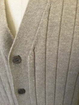 Mens, Sweater Vest, CLUB ROOM, Taupe, Wool, Solid, L, Vertically Ribbed Knit, V-neck, Button Front