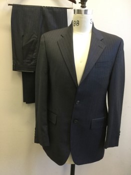 RALPH LAUREN, Dk Gray, White, Wool, Stripes - Pin, Single Breasted, Collar Attached, Notched Lapel, 2 Buttons,  3 Pockets