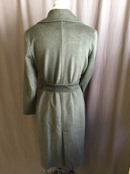 CINZIA ROCCA, Olive Green, Lt Olive Grn, Wool, Polyester, Solid, W/ Belt, Stitch Detail on Collar & Lapel, Notched Lapel, Single Breasted, 1 Button At Left Front, Long Sleeves, Split Center Hem Bottom, Olive Lining