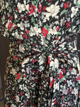 JIGSAW , Black, Dk Red, Green, Cream, Lt Brown, Rayon, Polyester, Floral, V-neck, Short Sleeves, Flair Bottom with Sheer Black Lining, with Self Matching Belt, Side Zip