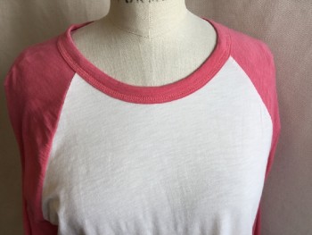 Womens, Top, REAL SOFT, Cream, Salmon Pink, Cotton, Viscose, Solid, S, Round Neck,  Raglan Long Sleeves,