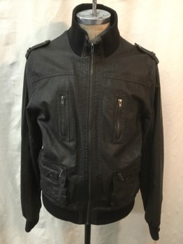 Mens, Leather Jacket, LE CHATEAU, Dk Brown, Faux Leather, Solid, XXL, Zip Front, Rib Knit Collar/Cuff/Waistband, Zip Front, 6 Pockets 2 are Flap Cargo, Epaulets,