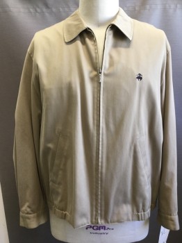 Mens, Casual Jacket, BROOKS BROTHERS, Khaki Brown, Cotton, Solid, XL, Zip Front, Collar Attached, 2 Pockets,