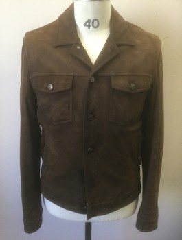 Mens, Leather Jacket, ERMENEGILDO ZEGNA, Brown, Leather, Solid, 40, Soft Calf-Skin Leather, Button Front, Collar Attached, 2 Patch Pockets with Button Flaps, Upscale / High End Designer