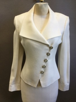 Womens, Suit, Jacket, TAHARI, Off White, Wool, Solid, Herringbone, 4, Shawl Pointed Collar, Asymmetric Breasted, Floral Metal Embossed Buttons, Long Sleeves,