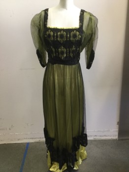 MTO, Black, Chartreuse Green, Silk, Floral, Solid, Black Silk Netting Overlay with Black Lace Bodice/ Hem of Sun, Square Neck, Chartreuse Satin Underlay with Chartreuse Silk Netting, 3/4 Sleeves, Black Satin Pleated Waist Band,