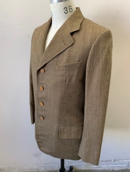 SIAM COSTUMES , Brown, Tan Brown, Wool, 2 Color Weave, Single Breasted, 4 Buttons, Notched Lapel, Hand Picked Stitching on Lapel, 3 Pockets, Made To Order