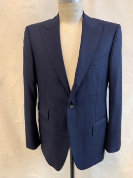Mens, Suit, Jacket, N/L, Navy Blue, Wool, Solid, 40R, Single Breasted, Collar Attached, Peaked Lapel, Hand Picked Collar/Lapel, 3 Buttons, 4 Pockets
