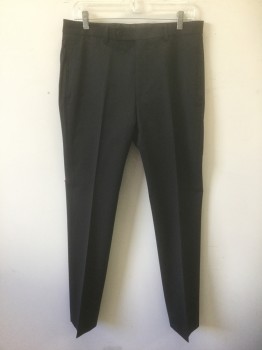 CALVIN KLEIN, Black, Wool, Solid, Flat Front, Button Tab Waist, Zip Fly, Slim Straight Leg, 4 Pockets