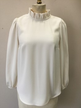 J.CREW, Off White, Polyester, Solid, Polyester Crepe, Long Puffy Sleeves, Ruffled Stand Collar, Pullover, 1 Button Closure at Center Back Neck