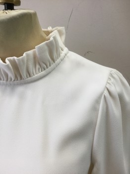 J.CREW, Off White, Polyester, Solid, Polyester Crepe, Long Puffy Sleeves, Ruffled Stand Collar, Pullover, 1 Button Closure at Center Back Neck