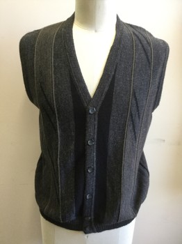 Mens, Sweater Vest, CELLINNI, Gray, Black, Olive Green, Acrylic, Wool, Stripes, L, Button Front, Gray with Black Stripes Near Placket, and Black Diagonal Stripes Amidst Olive Stripes, Ribbed Knit Placket/Armholes/Waistband