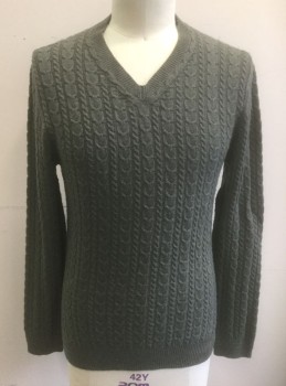 BLOOMINGDALE'S, Gray, Wool, Cashmere, Solid, Cable Knit, Greenish-Gray, Long Sleeves, V-neck