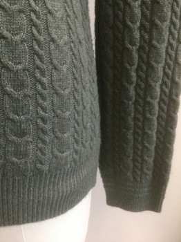 BLOOMINGDALE'S, Gray, Wool, Cashmere, Solid, Cable Knit, Greenish-Gray, Long Sleeves, V-neck